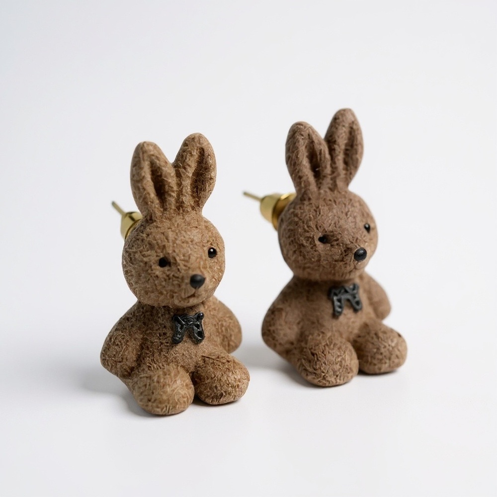 Brown Bunny Rabbit Stud Earrings Polyester Cute Animal Novelty Jewelry